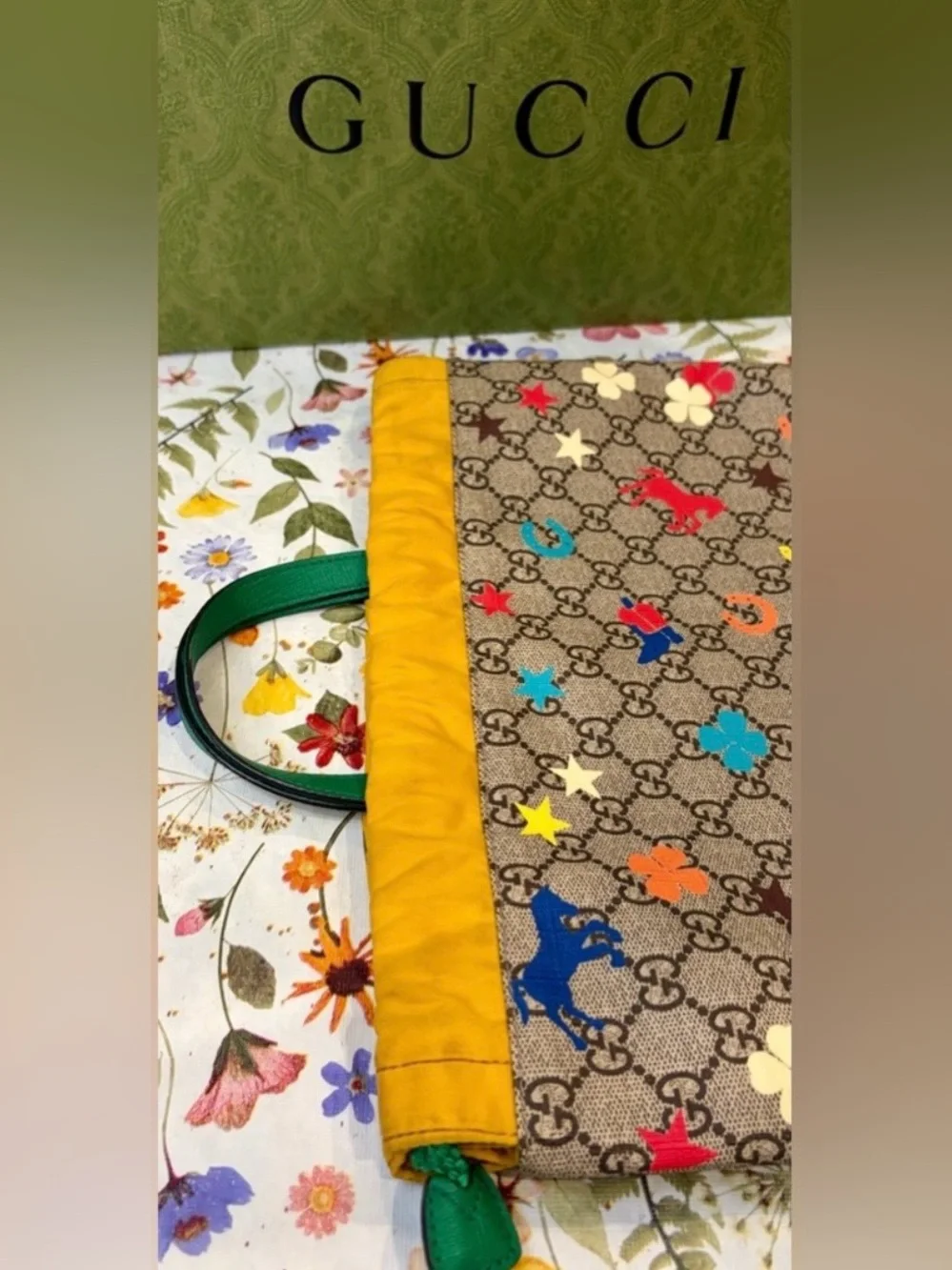 EUC! GUCCI Kids Beige GG Canvas Backpack with Yellow Trim & Multicolor Icons🐴⭐️